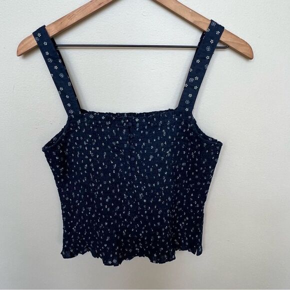 Madewell Lucie Smocked Tank Top in Bandana Flower Size Small Navy Blue White - Picture 10 of 16